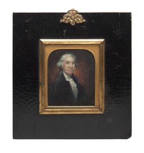 A 19th Century framed miniature portrait painting on ivory of a gentleman, gilt mounted with ebonized timber frame. 17 x 16cm overall