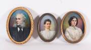 Three framed miniature portraits, 19th&nbsp;Century, & framed 1946 photo with silver plaque "Ugly Man Competition". Largest: 38 x 33cm - 2