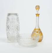 A Bohemian amber cut crystal decanter, crystal vase & bowl, 19th & 20th Century. Decanter 33cm