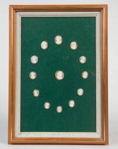 Collection of 13 cameos mounted in silver in framed display, 19th Century; together with an oil painting portrait of Avis Betty, early 19th Century. The cameos were discovered by the current vendor, concealed in the back of the painting. 29 x 24cm