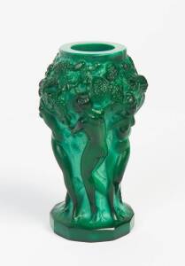 An Art Deco Czechoslovakian malachite glass vase with naked nymphs. 18cm high