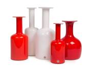 A collection of five coloured Holmegaard "Gul" bottle vases. 26cm to 37cm high