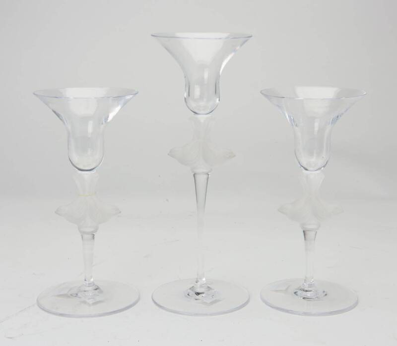 A set of three crystal Lalique candlesticks. The tallest 24cm high