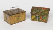 A "Patterson Tobacco Co." tin together with a another vintage tin in the shape of a bush shack. Patterson tin 9cm high, 17cm wide, 12.5cm deep