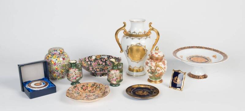 Gilt decorated mantel vase, Royal Winton fruit bowl, Maling ware dish, Crown Ducal ginger jar, Satsuma vase, Limoges dish & ornament, Versace style comport & coasters plus two green vases. 