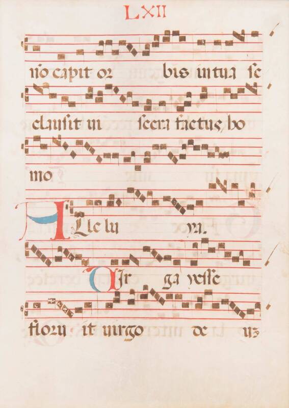 A small painting of music notes on vellum in an illuminated manuscript style, possibly 18th century