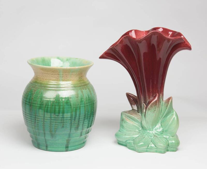 Remued Australian pottery vase (22cm), and a Pates pottery vase (30cm).