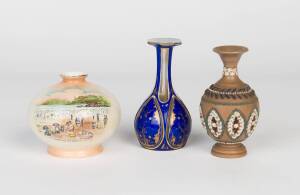 Three small vases including Doulton Lambert Silicon, Bohemian overlay glass & a Shelley porcelain vase titled "Surfing at Manly, NSW", 19th/20th Century. Tallest: 11cm 