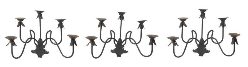 A set of three black painted wrought iron wall sconces. 54cm high, 50cm wide, 24cm deep