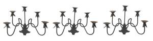 A set of three black painted wrought iron wall sconces. 54cm high, 50cm wide, 24cm deep