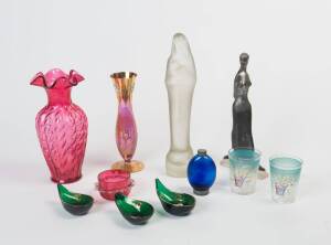 A collection of coloured glass vases, beaker and dishes plus 2 statues. Tallest 37cm. (10 items)