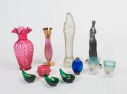 A collection of coloured glass vases, beaker and dishes plus 2 statues. Tallest 37cm. (10 items)