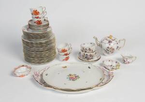 Herend Hungarian porcelain hand painted 11 dinner plates, 6 cups and saucers, 2 miniature vases, lidded box, dish & cover.Provenance: The Dr. Steven Zador Collection.