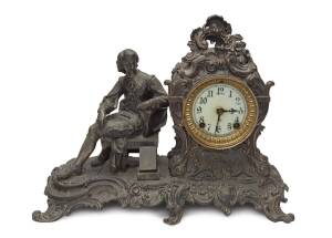 An Ansonia mantel clock with figured spelter case, 19th Century. 28cm high, 36cm wide, 16cm deep