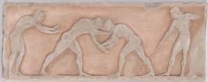 A plaster relief wall plaque of classical Greek wrestling scene, 20th Century. 32 x 82cm. 