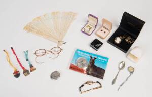 Collection of sporting badges, ivory fan, silver spoon, 1996 silver proof $1 coin, vintage watches, cufflinks, 4 pairs of earrings, spectacles  and a gold cameo necklace. 50+ items. ♦