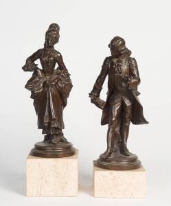 A pair of bronze finished French style  romantic figures on composite bases. 20th Century. 58cm. 