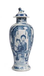 A Chinese blue and white "Meiping" vase and cover painted with ladies in the garden, Qing dynasty, 19th Century, 38cm high