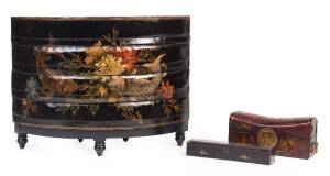 A Chinese lacquer fan shaped box (73 x 53 x 34cm) together with a rectangular lacquer fan box (32cm long) and a lacquer document box (31 x 15 x 12cm), 20th Century.