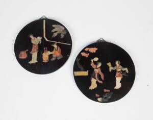 A pair of Chinese hard stone inlaid circular wooden wall plaques, 20th Century, 26cm diameter