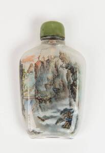 A Chinese inside painted glass snuff bottle, "yaojiang huayuan" mark, early 20th century, with wooden box, 8cm high; together with a Japanese rounded ivory box, 20th century, 6.5 cm diameter