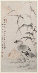 A Chinese scroll painting of two geese and tall grass, Guangxu period, 1875-1908. 125x64.8cm