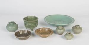 Four Longquan celadon jarlets, Yuan to Ming dynasty, 5-7cm high; and two celadon washers, Yuan dynasty and later, 11cm and 12.8cm diameter; together with a celadon double fish dish and a celadon censor, 20th century, dish: 25cm diameter, censor: 8.3x11.5c