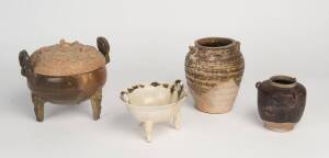 Two stoneware tripod vessels together with two lugged jars, 11.5cm-18cm high