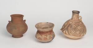 Three pottery jars, possibly neolithic period and later. 12cm to 20cm high 