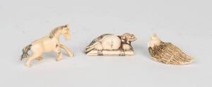 Three Japanese miniature carvings, including one chicken shaped netsuke, early 20th Century, 2-3.5cm high