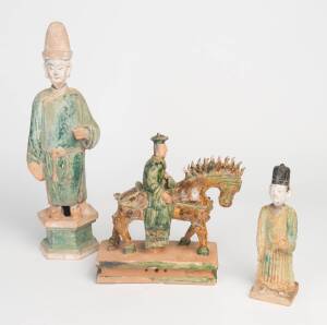 Three Chinese green glazed ceramic figures. 22cm to 43.5cm high&nbsp;