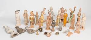 A group of 27 pottery figures, 20th Century and earlier, together with two pottery chickens and three "sancai" glazed miniature sculptures. 3cm to 27cm high