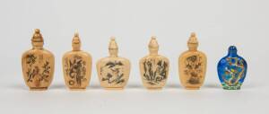 A group of five ivory snuff bottles together with a silver cloisonne snuff bottle, 20th century, 4.5cm-6.4cm high. &diams;