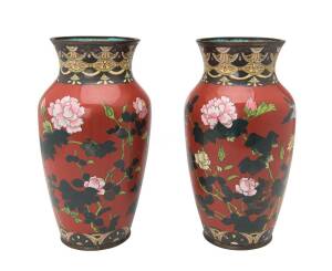 A pair of Japanese cloisonne vases with flower and bird design, Meiji period, early 20th Century. 32cm high