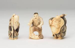 A group of three Japanese carved ivory figured netsuke, 20th Century. Tallest 5cm. &diams;