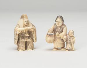 Two Japanese carved ivory figured netsuke, early 20th Century. 5cm each. &diams;