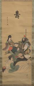 Three Japanese painted scrolls, early 20th Century. 125 x 42cm; 147 x 41.5cm and 127 x 40cm.