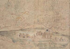 Indian School, 19th Century: Tiger Hunt scene, black line drawing and watercolour on paper, most likely a depiction of Maharoo Ram Singh II of Kotah. 60 x 84cm