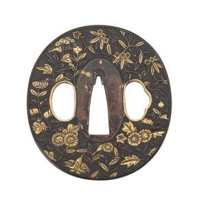 A Japanese tsuba with gilt flower design, 20th Century. 6.5x7cm&nbsp;