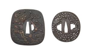 Two Japanese tsuba, one with pierced decoration, the other decorated with a deity, 20th Century. 8.6 x 8.4cm and 7 x 6.8cm