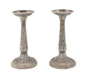 A pair of Anglo-Indian silver Candlesticks from Kutch, Gujarat, India, c1890s. Import marks for London 1897 by Eustace George Parker. 17cm high, weight 332 grams