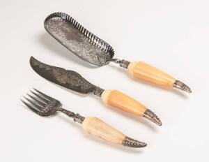 Set of 3 antique English fish servers, ivory handles with sterling silver fitting and plated blades. &diams;