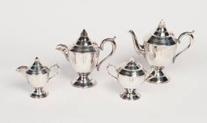An art deco four piece silver plated tea service made for Sir John Bennett Department Store, Melbourne. Tallest: 21cm.&nbsp;