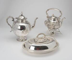 A fine antique silver plated tea pot, spirit kettle on stand and entree dish with cover. Tallest 28cm