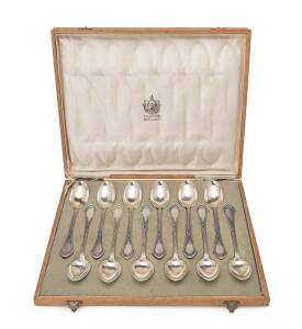 A Russian silver set of 12 spoons by Nikolai Vladimirov, 1898-1917, St.Petersburg,&nbsp;in original fitted birchwood box, c1900.