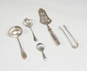 Sterling silver caddy spoon, French silver sifting spoon, French silver server, a ladle and sugar tongs.&nbsp;