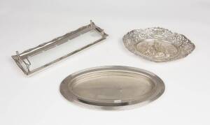 A continental silver dish (320 grams), a silver plated WMF oval serving tray with glass liner, a silver plated cocktail glass holder serving tray.