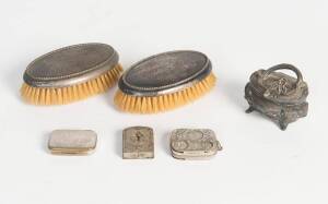 A pair of sterling silver brushes, two silver plated vesters, jewel box & coin holder&nbsp;