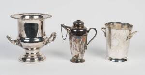 Two silver plated champagne buckets and cocktail shaker&nbsp;