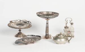 A silver plate Robur teapot, cruet set, 2 comports and a serving dish with handle, 19th and early 20th Century. Tallest 26.5cm